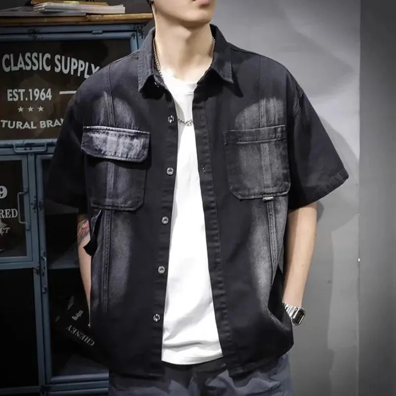 Mens Retro Washed Denim Shirt Short Sleeve Lapel Button Down Jacket with Double Chest Pockets Casual Streetwear 260731BJ
