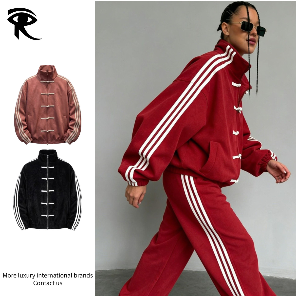Women New Chinese Style Tracksuit Set Frog Button Three-Stripe Track Jacket Sweatpants Oversized 2 Piece Retro Sportswear