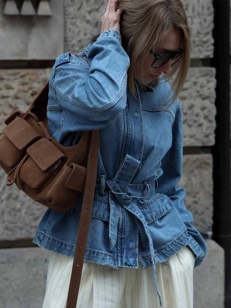 Chic Long Sleeve Lapel Lace Up Denim Jacket Short Loose High Waist Versatile Coat 2026 Womens Spring Autumn Casual Daily Coats 260730BJ