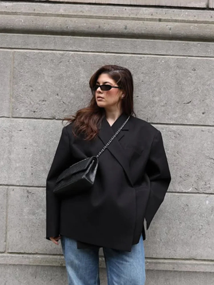 Women Chic Oversize Lapel Single Breasted Suit Jackets Lady Casual Full Sleeve Pocket Blazer Coat High Street Commute Outerwears 260728BJ
