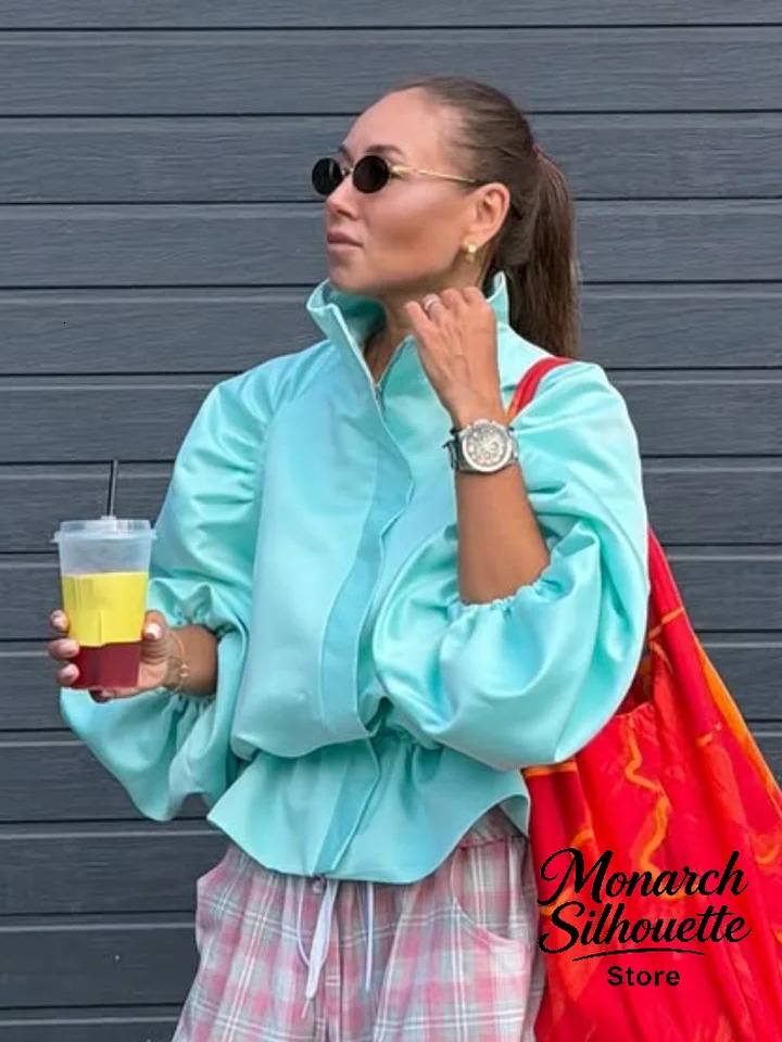 Solid Waist Drawstring Cinched Jacket Womens Satin Pleated Stand Collar Long Sleeves Loose Coat Lady Fashion Daily Outwear 260730BJ
