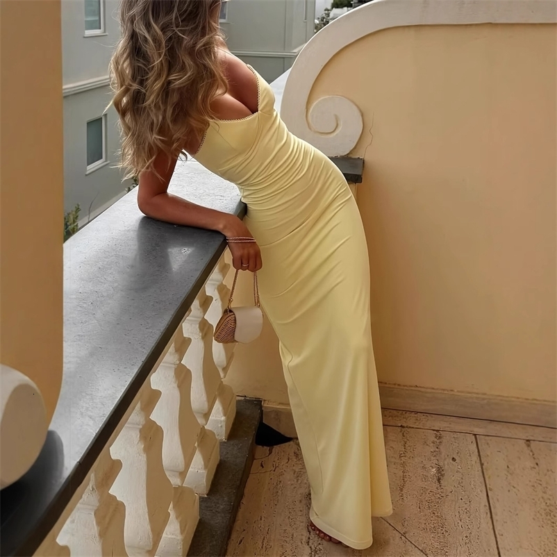 Summer Womens V-neck Yellow Dress With Sexy Backless Womens Casual Slim Dyed Suspender Long Skirt Suitable For Beach Parties 260728