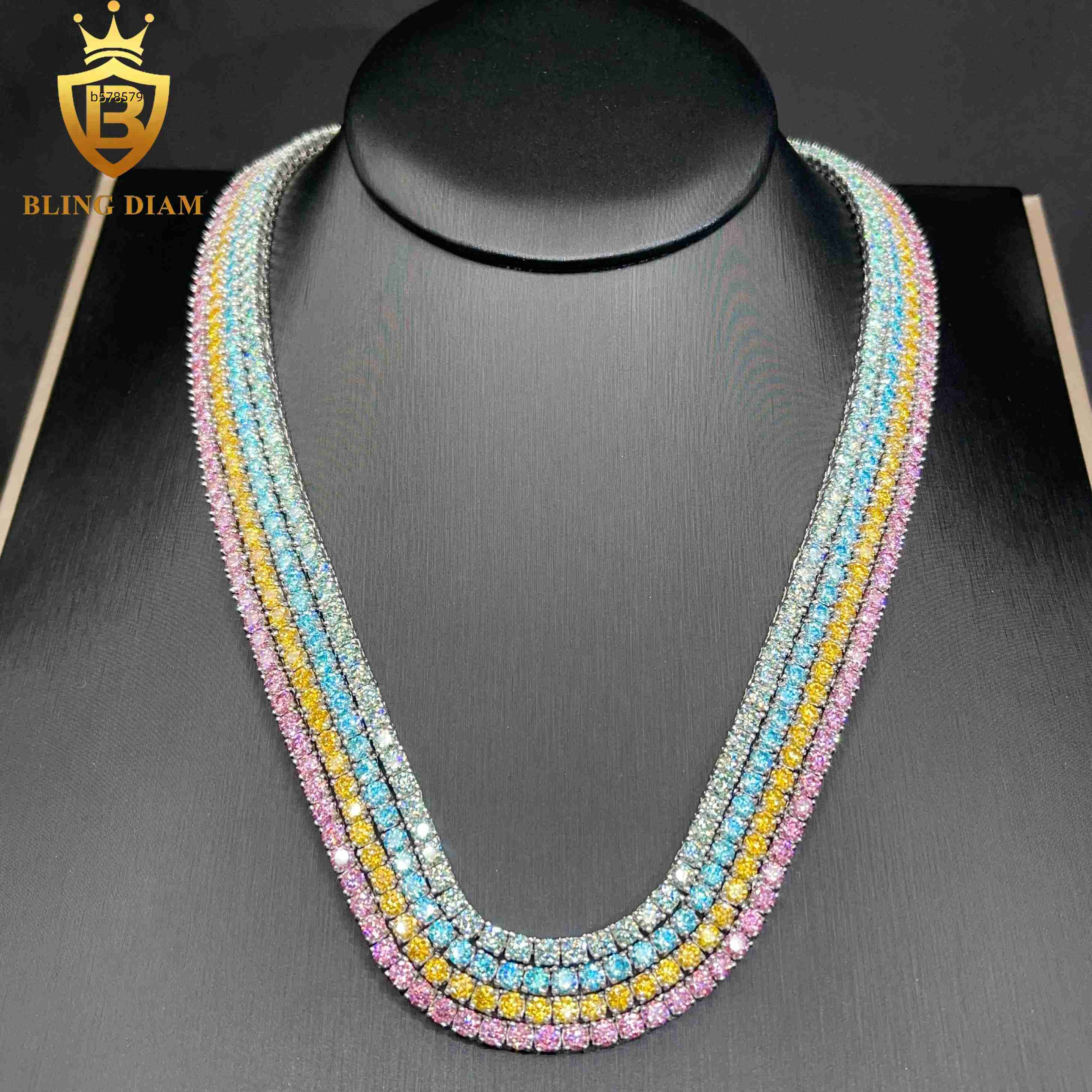 3mm-5mm Fine Jewelry 925 Sterling Silver Rainbow Blue Green Yellow Pink Moissanite-Tennis-Chain 4 Prong Bracelet Necklace