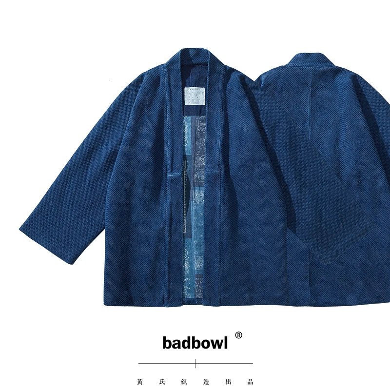 BADBOWL Japanese Retro Indigo Plant Kimono Blue Dyeing Road Robe Heavy Kendo Fabric Half Sleeve Jacket Men Casual Cardigan Coat 260731BJ