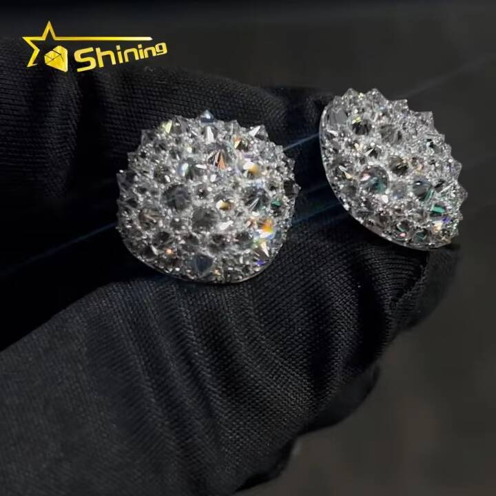 New Arrivals Fashion Jewelry Custom 925 Solid Silver Iced Out VVS Moissanite Diamond Mosaic Inverted Mens Stud Earrings