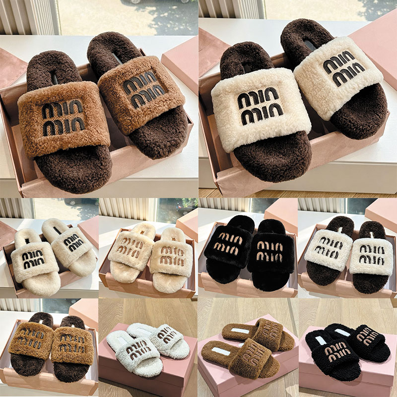 Designer Luxury mm Triangle Slides Women Slippers Ladies Wool Winter Fur Fluffy Furry Warm Letters Sandals Comfortable Fuzzy Girl Paris Flip Flop Sl