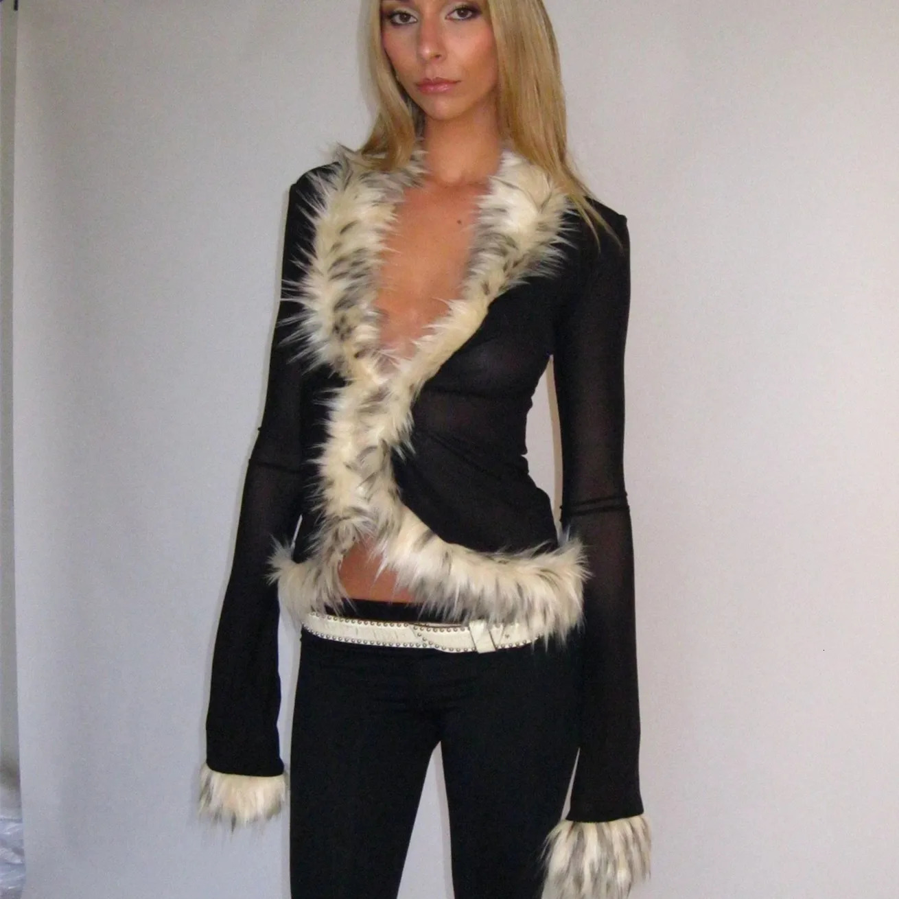 Womens Faux Fur Patchwork Tops V-Neck Long Sleeve Sheer Mesh T-Shirt Button Down Shirts for Winter Fall Y2K Streetwear 260728