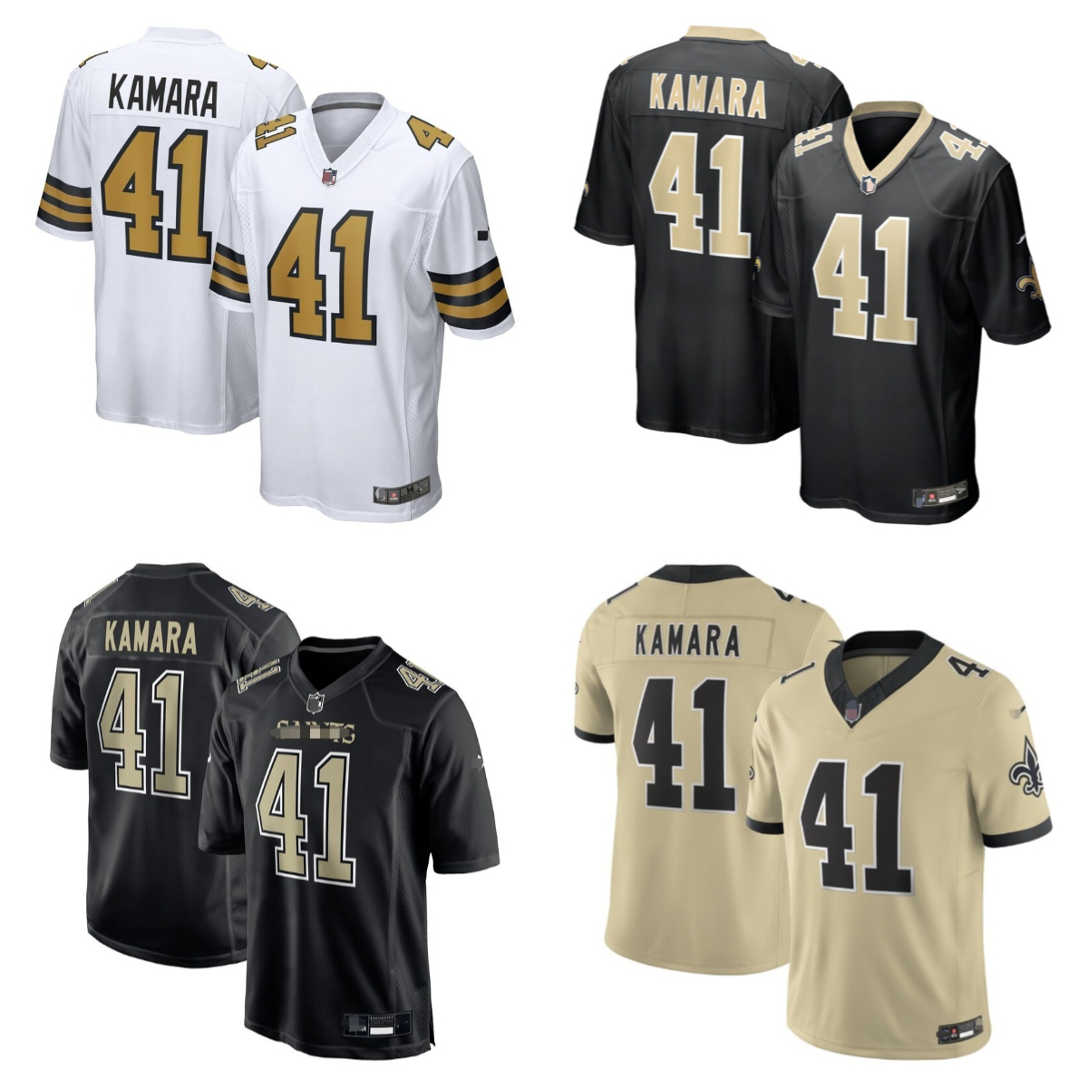 Hommes Femmes Jeunes Noir/Blanc/Or 41 Alvin Kamara 12 Chris Olave 6 Tyler Shough 7 Taysom Hill 32 Tyrann Mathieu Maillot de jeu en sergé entièrem