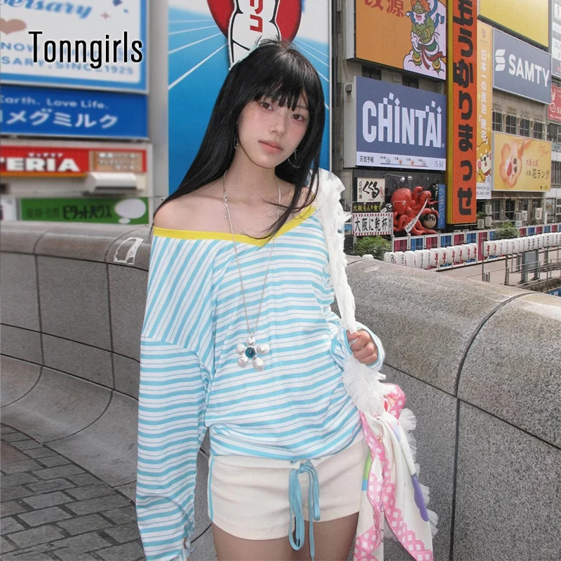 Tonngirls Japanese Y2k Blue Striped T-shirt Women V-neck Long Sleeve T Shirt Vintage Off Shoulder Loose Tee Tops 2000s Korean 260728