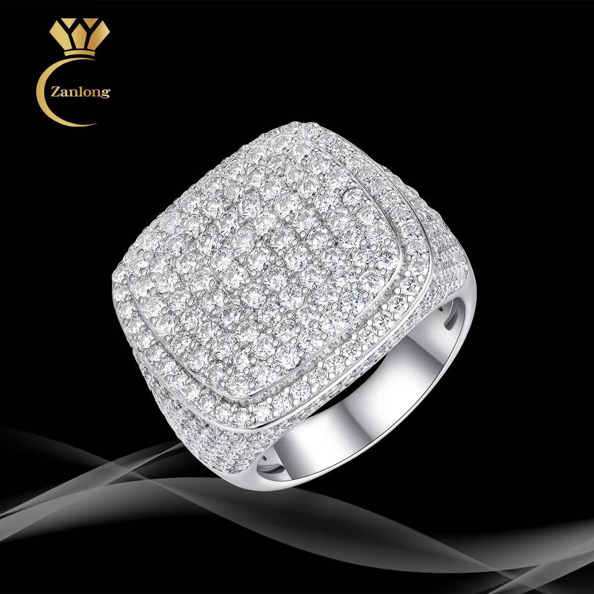 Zanlong 15350 Wholesale Hip Hop Jewelry Custom 925 Sterling Silver VVS Moissanite Iced Out Micro Pave Diamond Ring for Men