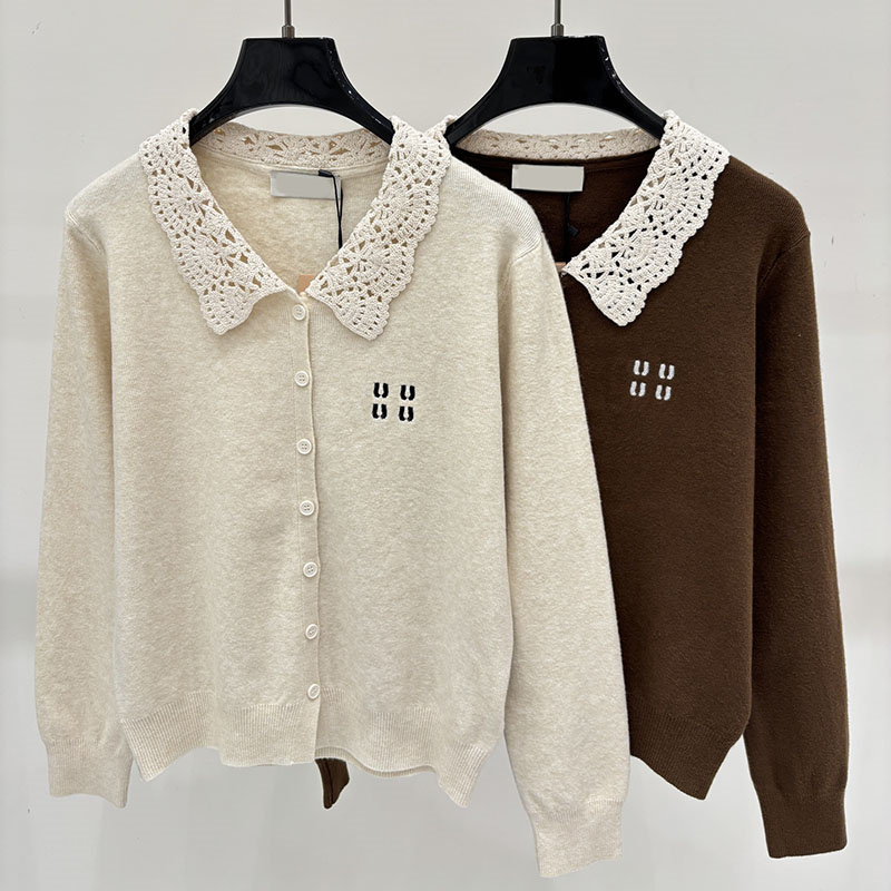 Designer Woman Vintage Knit Cardigan Letter Embroidered Elegant Lace Polo Shirt Spring Autumn Commuter Daily Casual Outfit