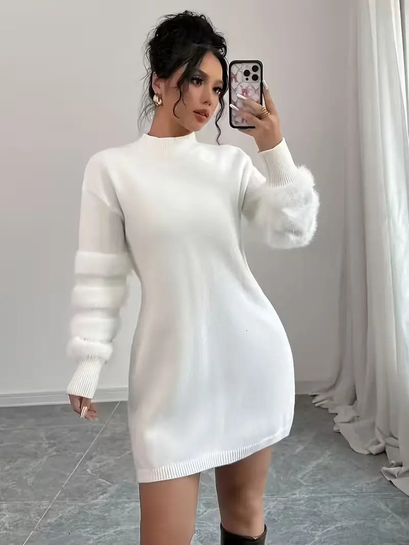Womens Casual Solid-Color Stand-Collar Loose-Fit Knit Patchwork Dress Belt Not Included Fall/Winter Womens Apparel 260728BJ