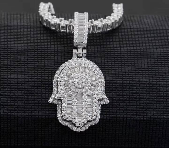 Real U Jewelry 925 Sterling Silver Iced VVS Moissanite Diamond Hand Fatima Pendant Necklace for Men Premium Moissanite Necklaces