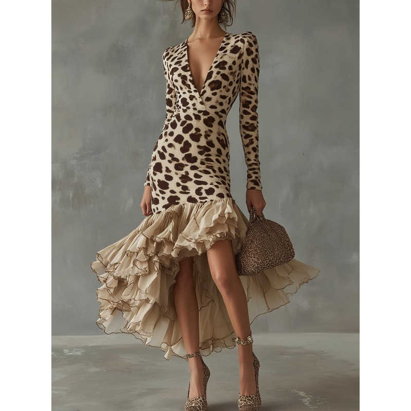 Womens Leopard Print Dresses Bodycon Dress High Waist Shr Mesh Ruffle Mermaid Hem Elegant EvenCocktail Dress L26923
