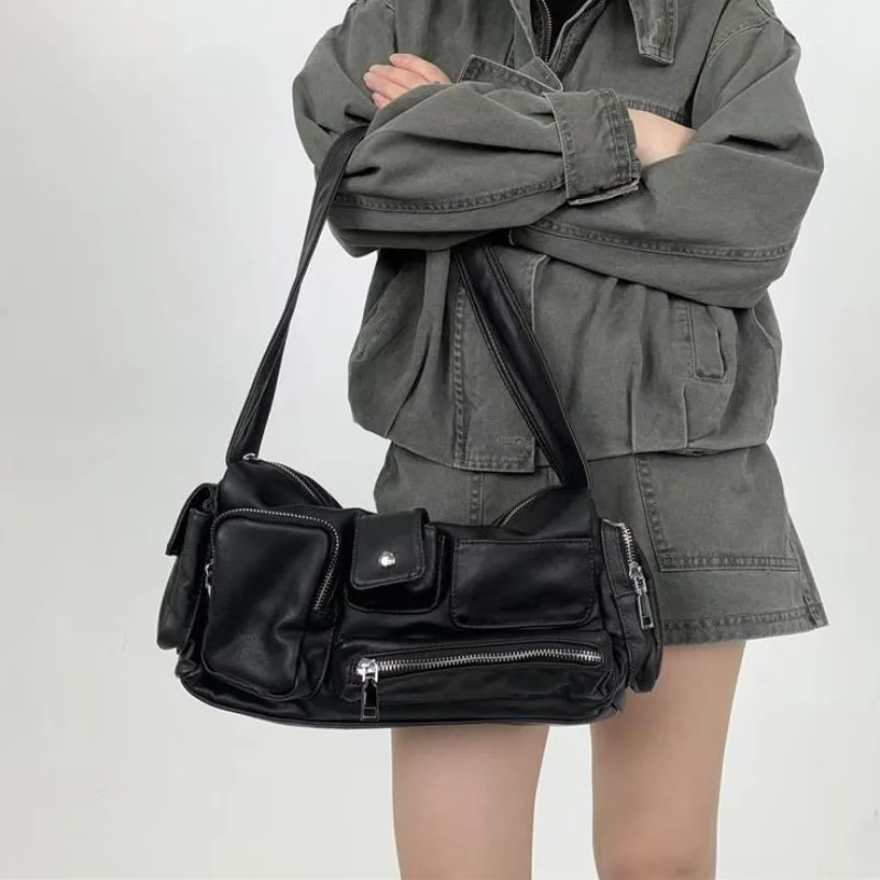 Y2k Hobo For Women Shoulder Crossbody Bag Vintage Washed Leather Motorcycle Bag Large Capacity Multi Pocket Zipper Underarm Bag 260730