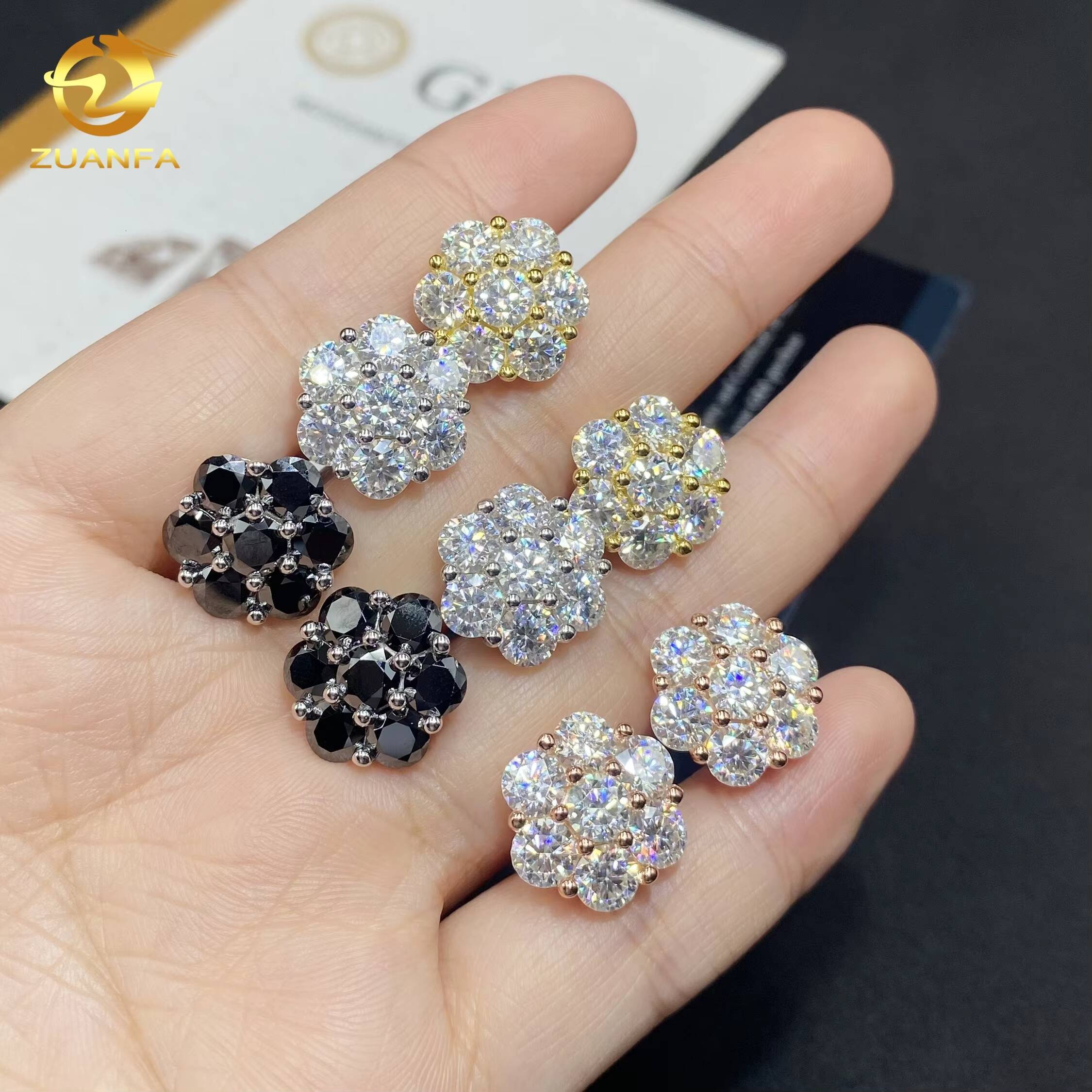 15mm Fashionable Black Diamond Cluster Screw Back 925 silver Iced Hip Hop VVS Moissanite Jewelry Flower Stud Earrings