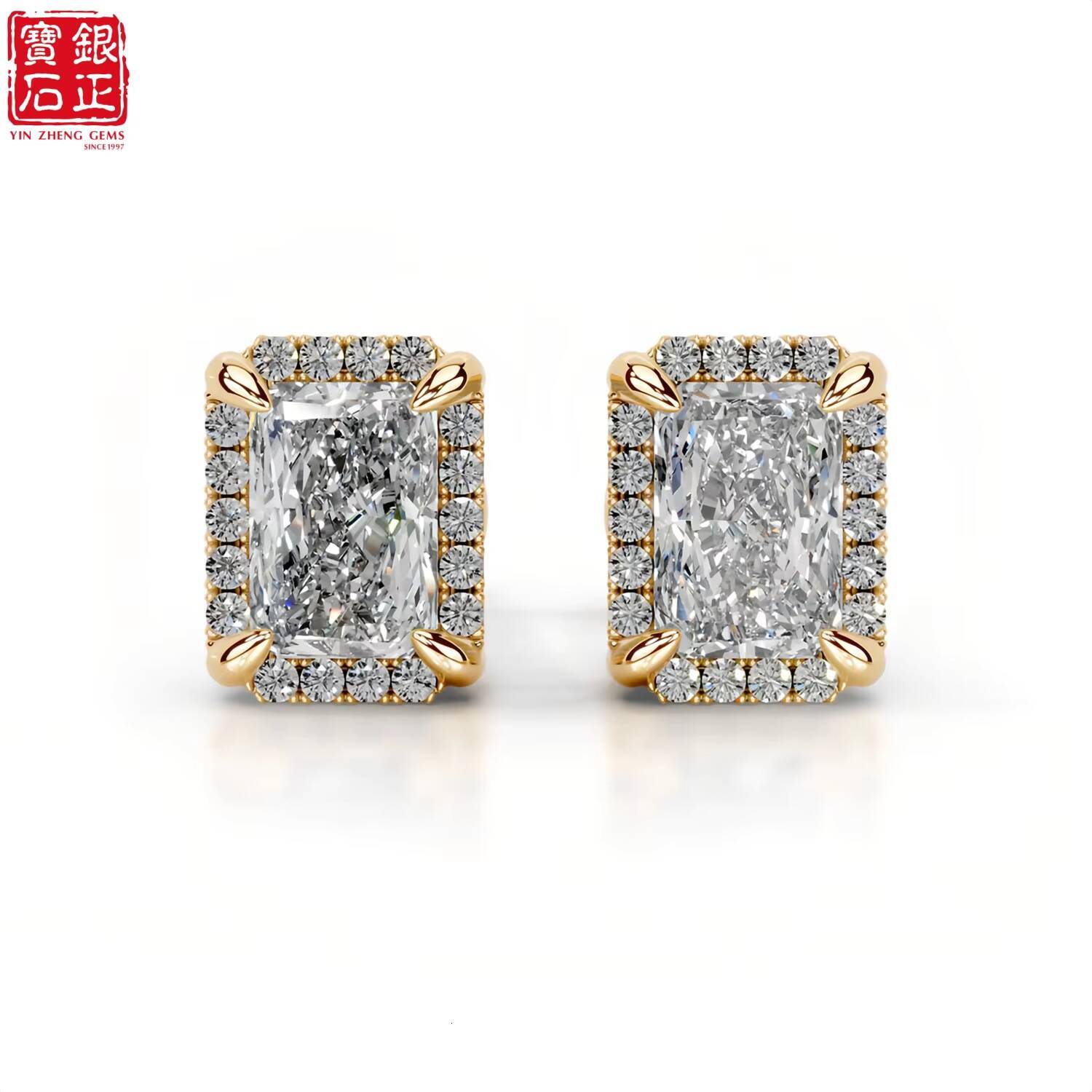 925 Sterling Silver Gold Plated Radiant Cut Moissanite Halo Stud Earrings-Luxury Women's Jewelry REACH Certificate With GRA