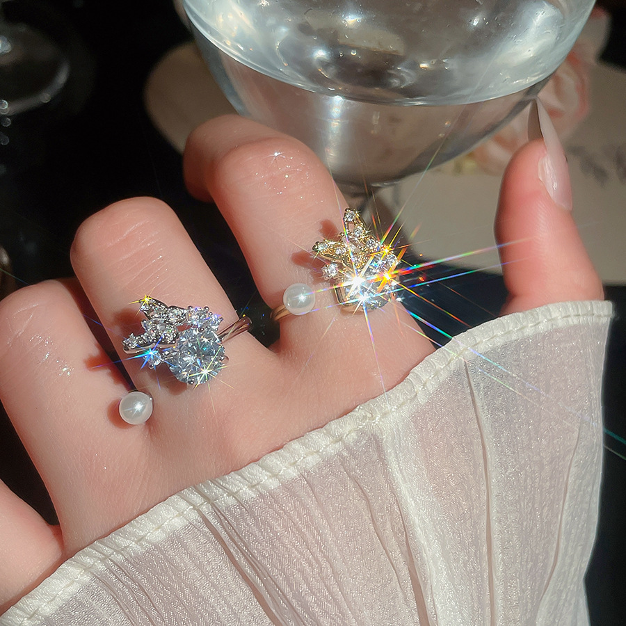 French-style exquisite zircon butterfly round pearl open niche high-end fashion ring, stylish and elegant women's jewelry-image-1099839231