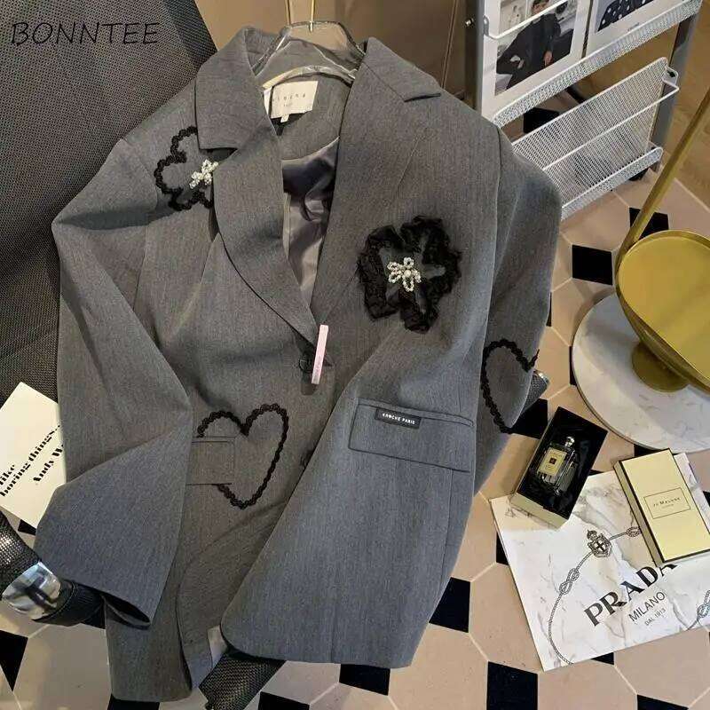 Blazers Women Ins Three-Dimensional Flower Embroidery Casual Temperament Korean Fashion Loose Fit Unique Coats Autumn Female Y2k
