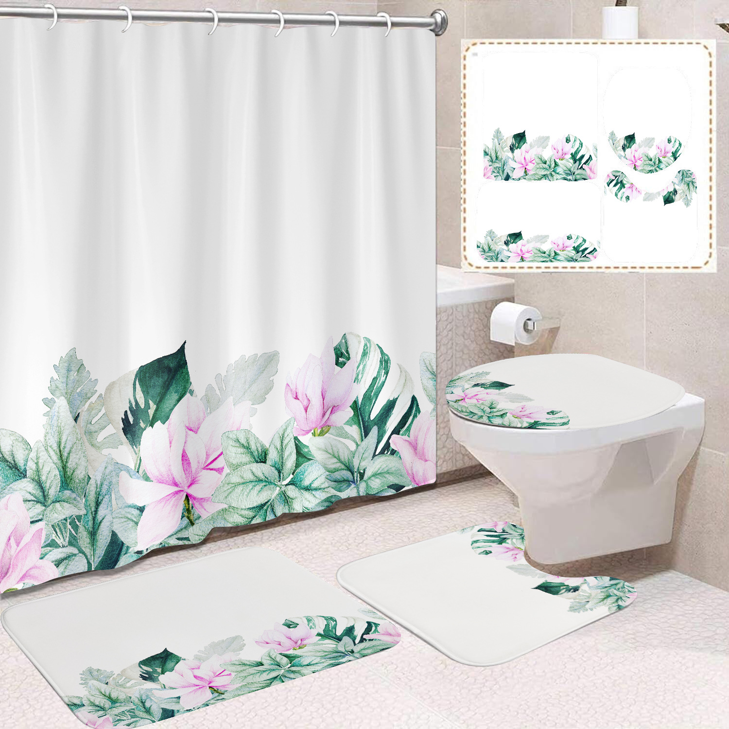 YL-38419 Floral Shower Curtain and Mat Set (4 Pieces) - Bathroom Dry and Wet Separation, Toilet Isolation Curtain, Modern Minimalist Style-image-1099945927