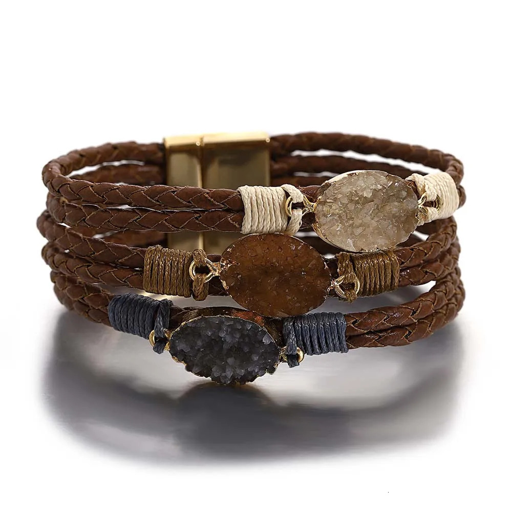 ALLYES Vintage Natural Stones Leather Bracelet for Women Men Boho Handmade Braided Multilayer Winding Wrap Bracelets Jewelry 260318BJ