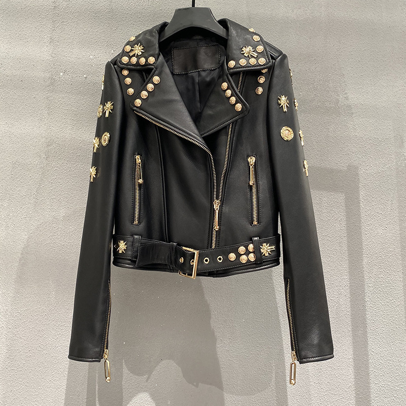 2023 Spring and Autumn Style Womens Sheepskin Rivet Motorcycle Leather Jacket Slim Fit Short Coat 250826