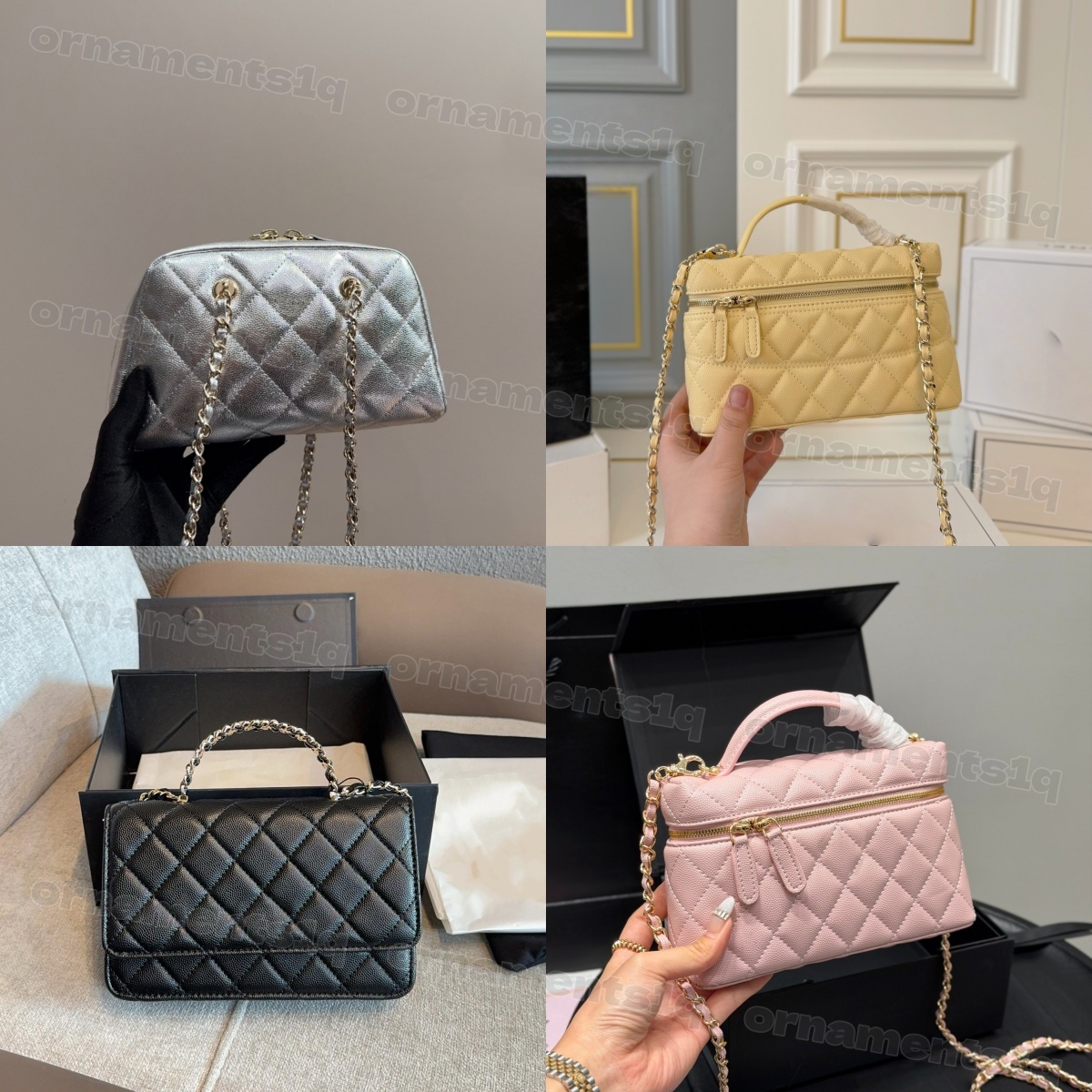Luxury Quild Caviar Leather Vanity Crossbody Bag Women, Designer Diamond Patrn Shoulder Purse with Chain Strap & Top Handle, Elegant Handbag for-image-1112148407
