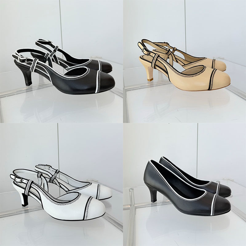Haute qualité femmes Designer Slingback talons en cuir bateau Slingbacks Cap Toe été ivoire noir chaussures 906