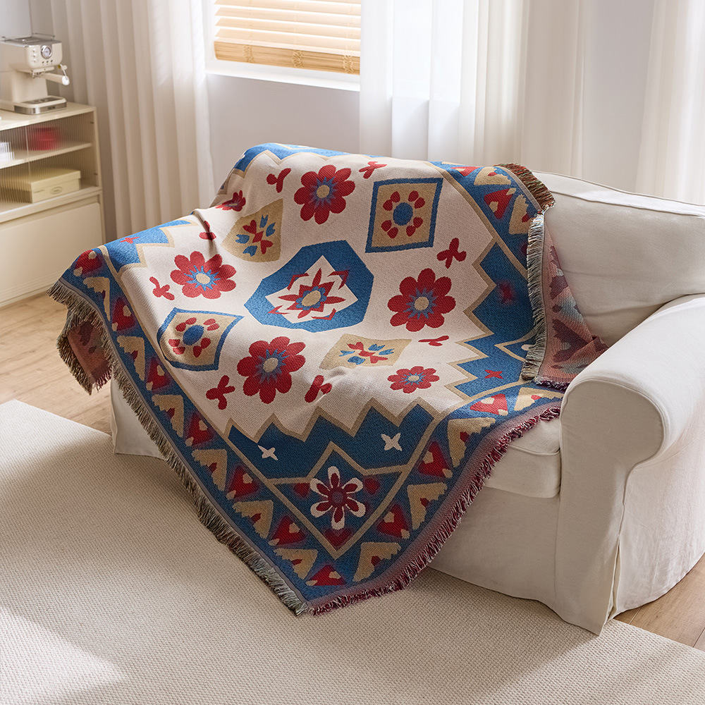Bohemian style sofa cover with floral and geometric woven fabric, suitable for all seasons, one-piece blanket/sofa cover.P7X801-image-1108689633