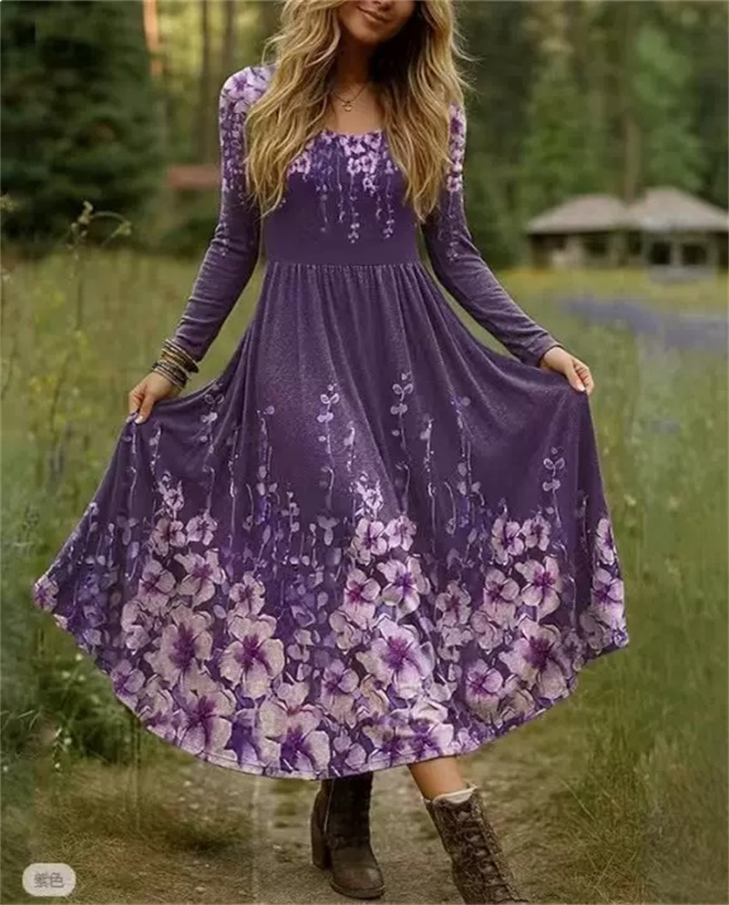 50265-1 Spring New Style Round-neck Long-sleeved Women's Printed Flower Pattern Dress-image-1100085081