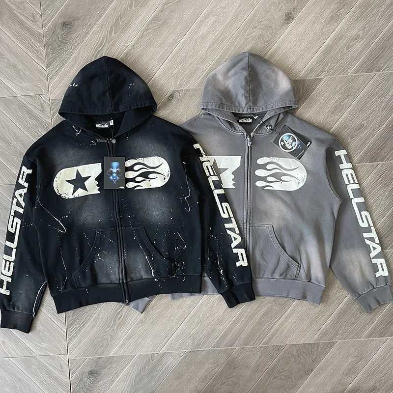 Black Hand Ink Splash Grey Washing Craft Zip Up Hoodie Zip Washing Cotton Hooded Sweater H260402
