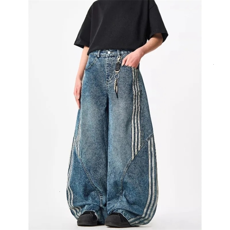 Y2K Custom Women Jeans Vintage Reconstruction Denim Pants Wide Leg With Distressed Wash And Stripe Details 251024