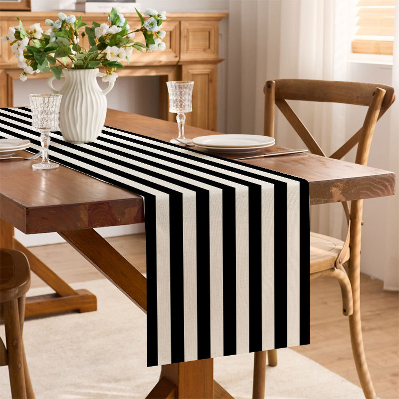 Linen striped print table runner for TV cabinets, coffee tables, and long kitchen dining table decorations. YJ802701-image-1100053267