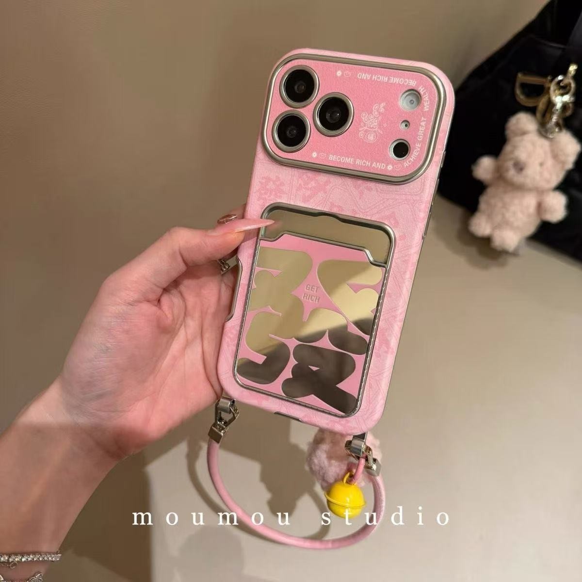 New Chinese Style Pink Base Text Mirror Card Holder Chain Case for iPhone