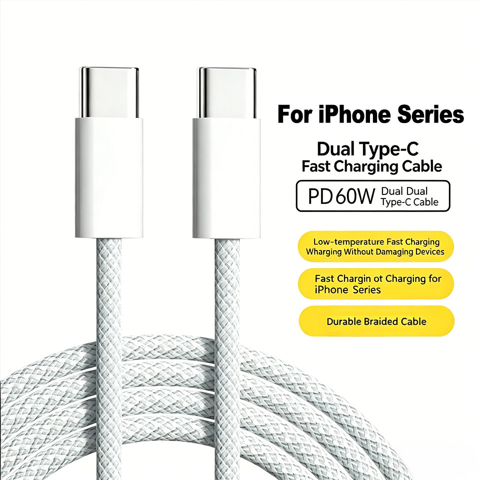 Dual Head Type-C 60W Braided Fast Charging Cable for iPhone 15,16,17 Series & All Type-C Android Smartphones-image-1099977996