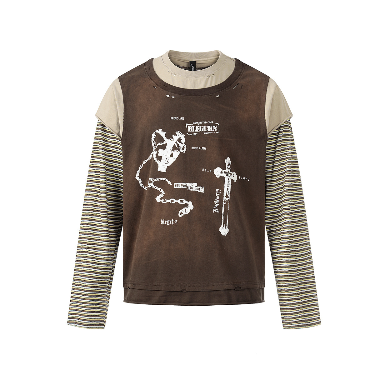 2026 New Striped Korean Style Niche Personality Distressed Vintage T-Shirt Long Sleeve Fake Two-Piece Base Shirt