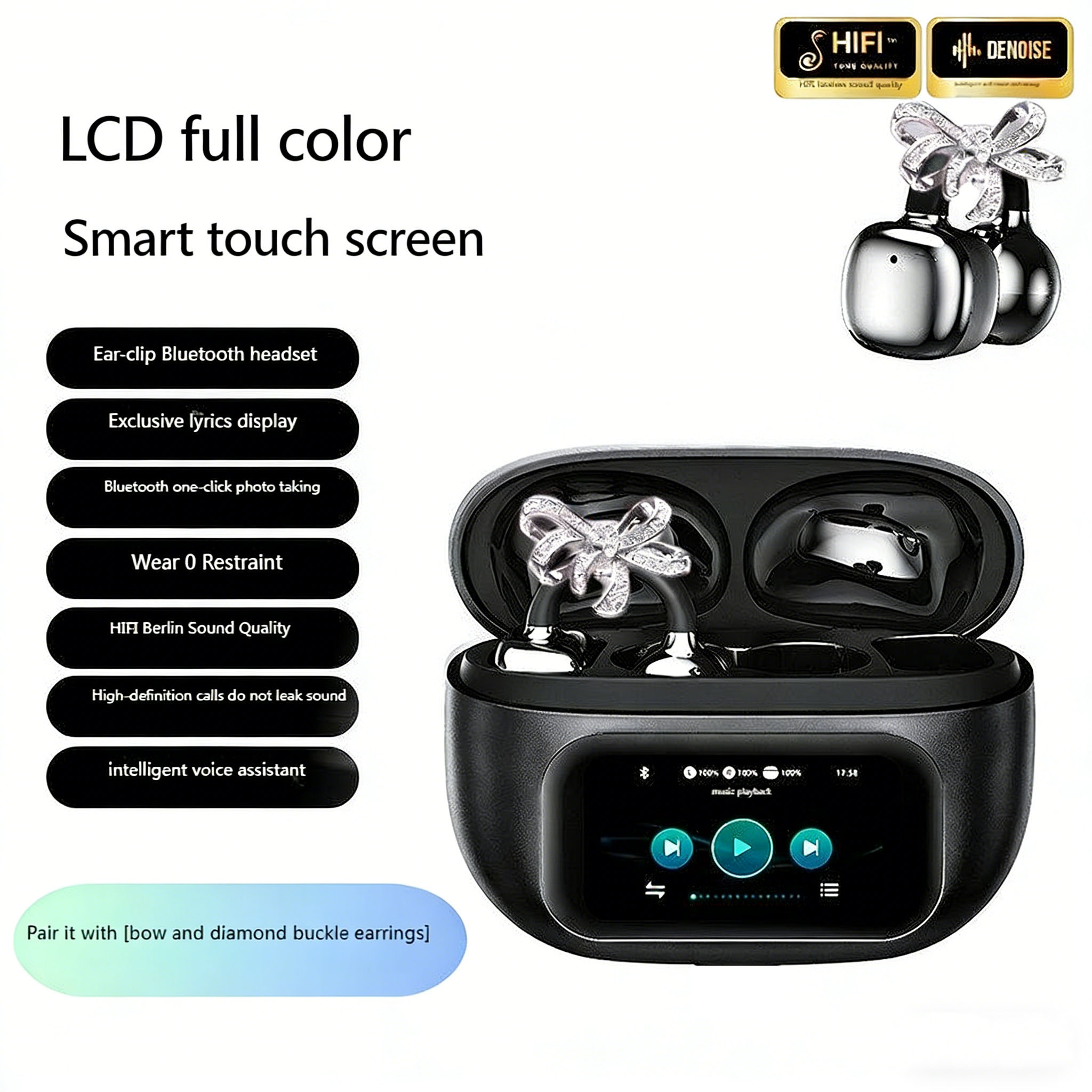 TWS Bluetooth Earphones with LCD Smart Touch Screen, Butterfly Earrings Bluetooth 5.4 Headphone AI Translator, Jewelry Bow Wireless Earbuds, HiFi-image-1100018405