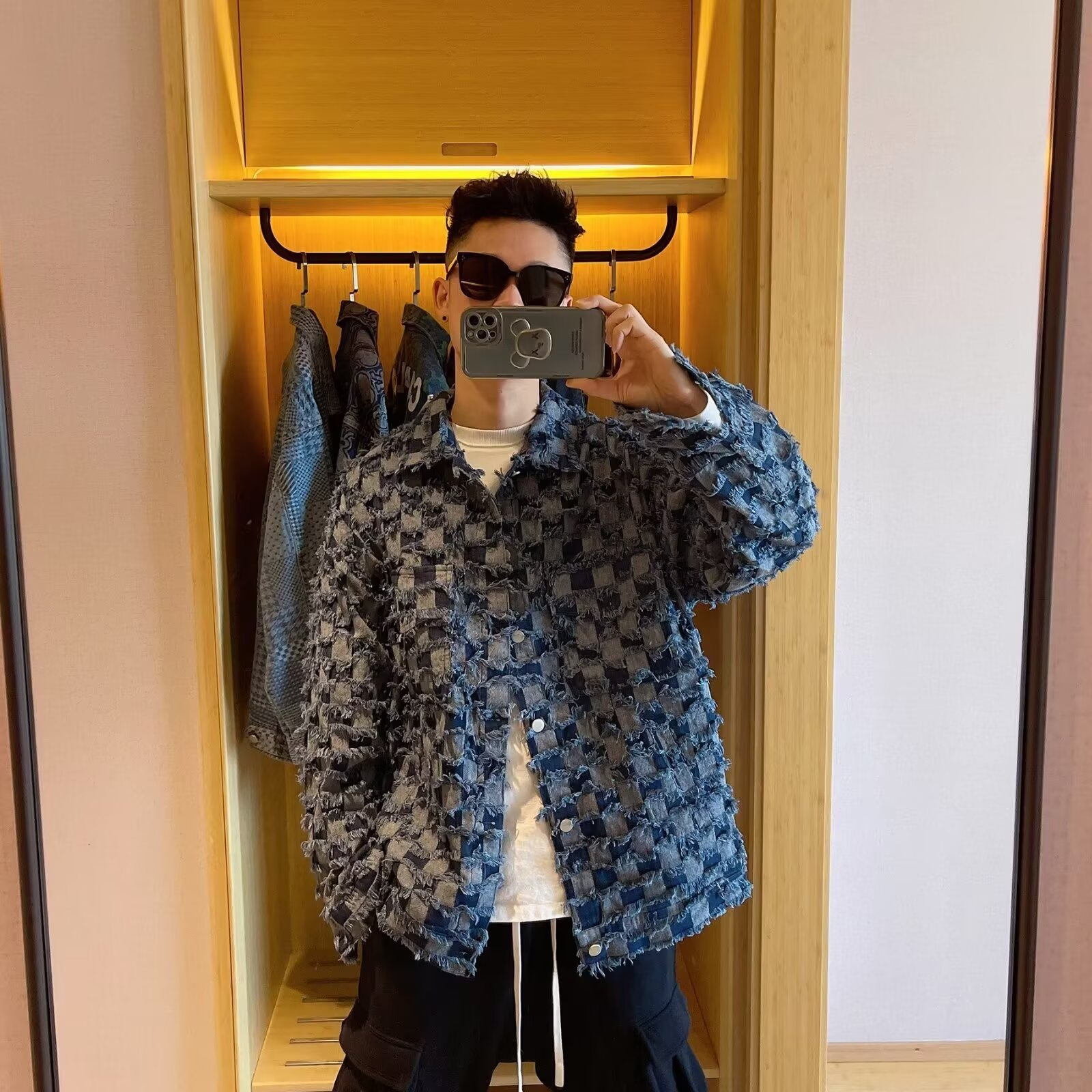 Luxury Brand Designer Clothes American Retro Checkered Denim For Men And Women, Trendy Brand, Loose Casual Style, Cool Long Sleeve Frayed Jacket