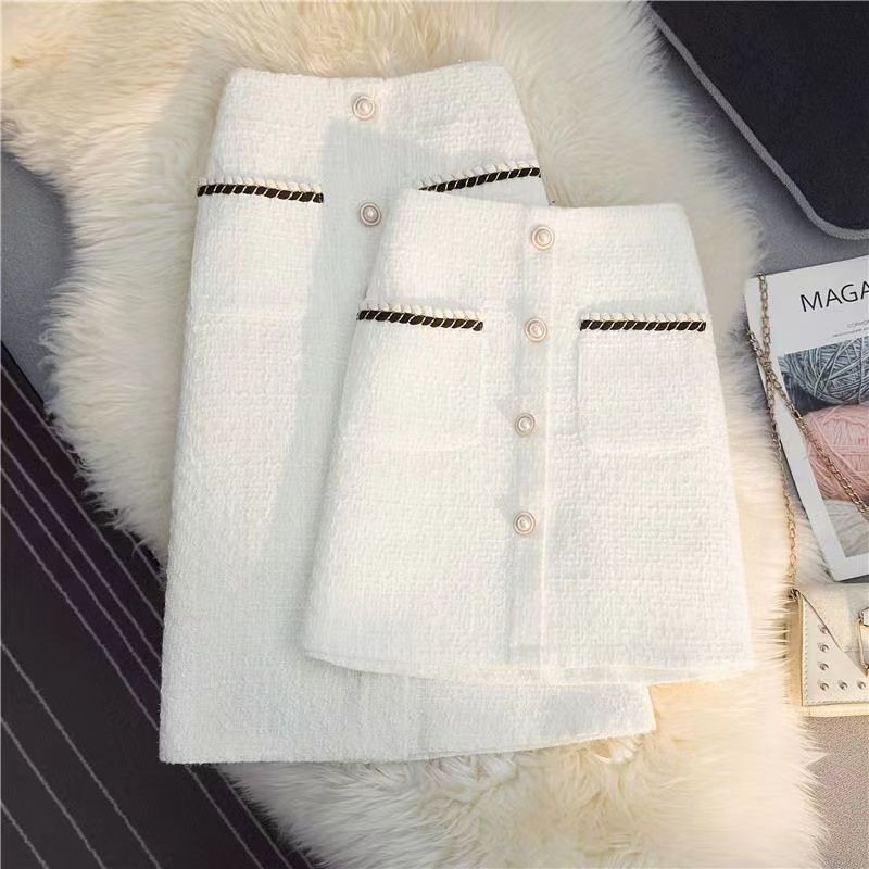Luxury Brand Designer Clothes Autumn Winter Little Style Shiny Silk Midi Skirt Women High Waist Woolen A-Line Bodycon Skirt White Tweed Long Skirt