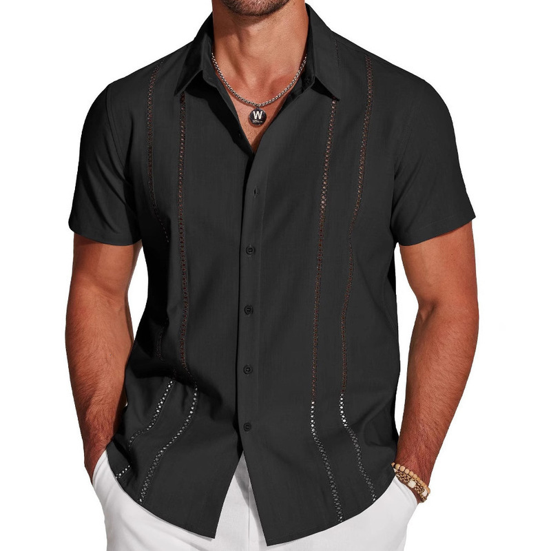 Men Casual Shirts Summer Hawaii Style Vacation Turn-down Collar Lace Stripe Shirt Beachwear Short Sleeve Top For Men's Clothing