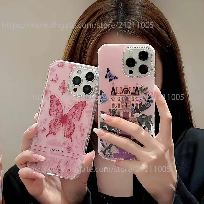 Designer Phone Case For Iphone 17 16 15 14 13 Pro Max Plus 16Pro Flash Diamond Lens Frame Phone Case Colorful Butterfly Pattern 17Pro Cover 15Pro