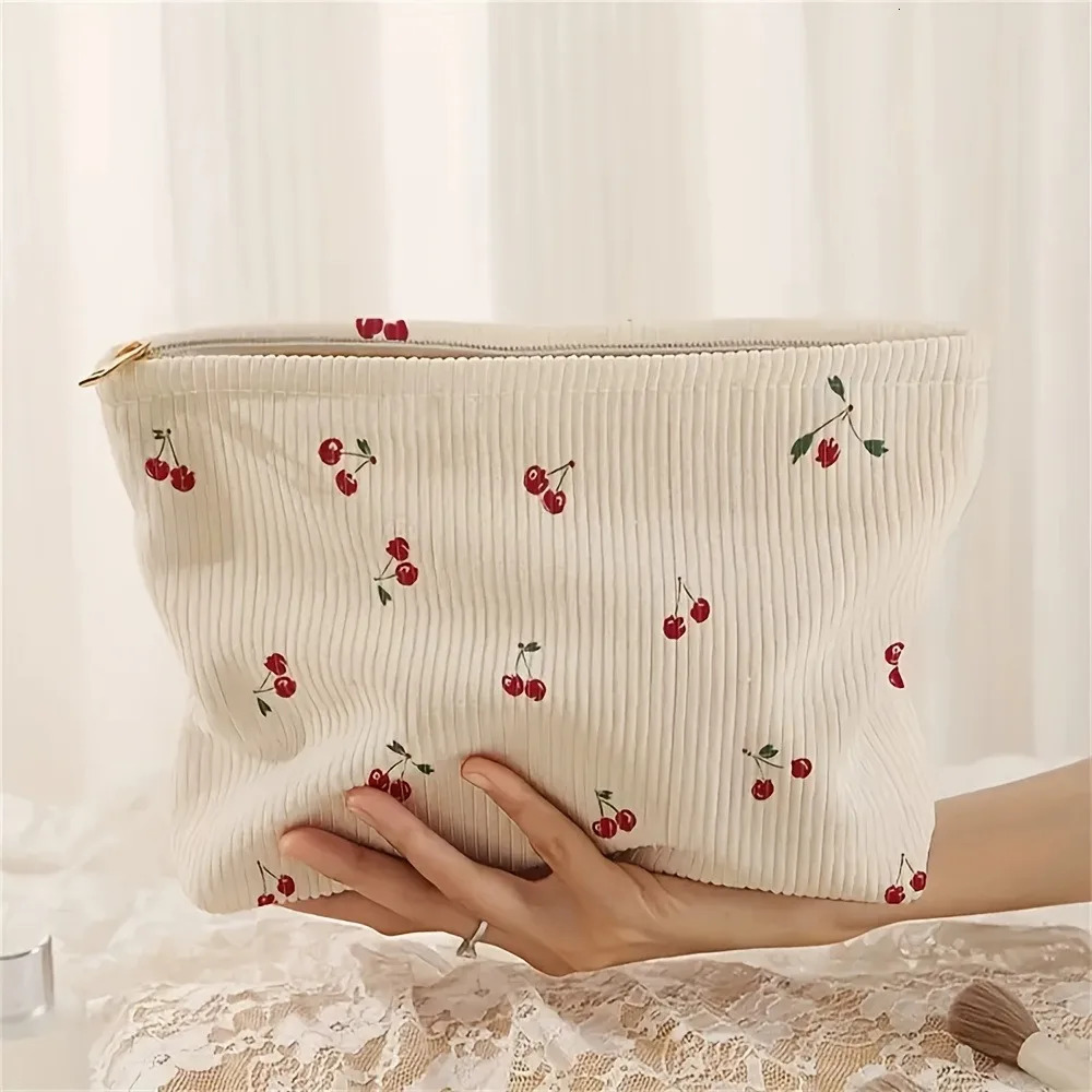 Casual Cherry Print Corduroy Zipper Pouch Makeup Bag Handbag Multifunctional Toiletry Organizer Cosmetic Storage Box with Lining 260403BJ