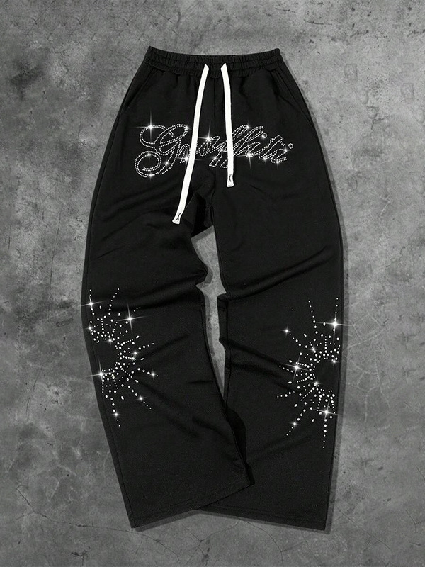 Men's pants Y2K Streetwear Rhinestone Letter Wide Leg Pants Unisex Black Drawstring Elastic Waist Trousers Fashion Baggy Pants