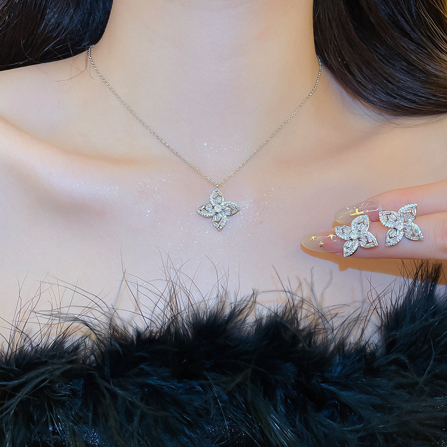 Women's Necklace with Durable Floral Zircon Pendant - Matching Studs, Sophisticated Jewelry Collection-image-1100166068