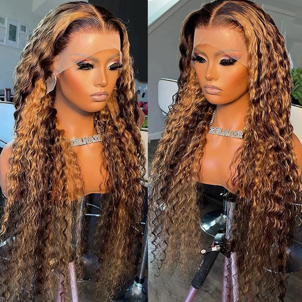Highlight Curly Lace Front Simulation Human Hair Wigs For Women Honey Blonde Brown Brazilian Water Wave Lace Frontal Wig 37$