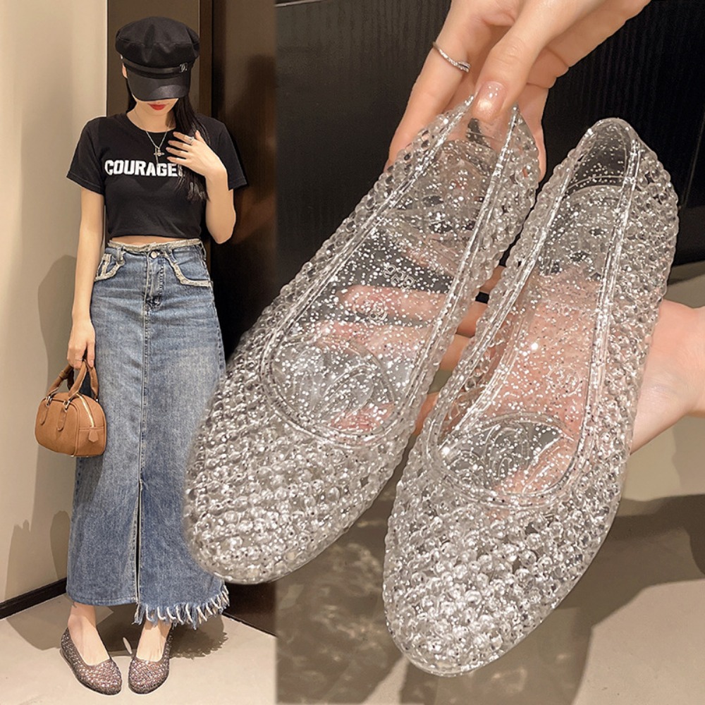Sparkling Crystal Women's Shoes Beach Flats Hollow Hole Shoes Breathable Jelly Shoes Mother Single Shoes Summer Sandals
