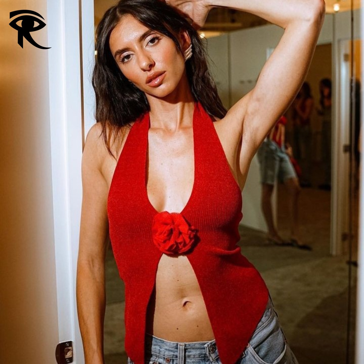 2026 Spring Summer European American Sexy 3D Flower Y2K Baddie Deep V-Neck Split Open Back Fuzzy Rabbit Hair Knit Halter Cami Tank Top Women's