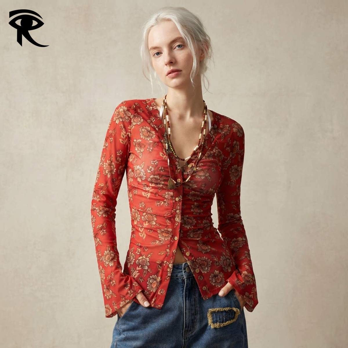 2026 Spring European American Women's Printed Blouse Slim Fit Figure-Flattering Vintage Elegant Commute Vacation Top Original Fashion Designer
