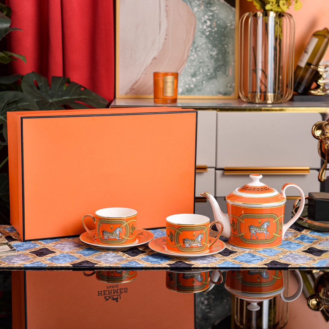 Oriental Horse Orange Coffee Set 250ml Afternoon Teacup Teapot Gift Box Housewarming Wedding Gift-image-1100184669