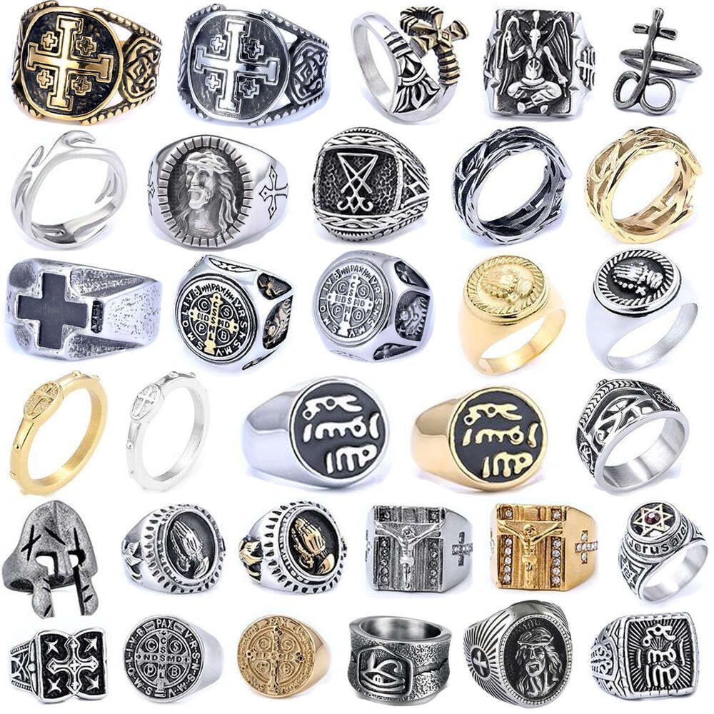Vintage punk-gotische ringen voor mannen, Scandinavische retro roestvrijstalen kruiszegelfietsringen, roestvrije mode-sieraden Luxe persoonlijkheid